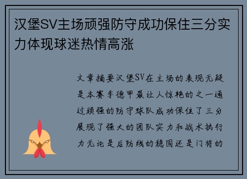 汉堡SV主场顽强防守成功保住三分实力体现球迷热情高涨