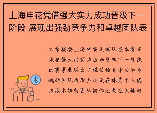 上海申花凭借强大实力成功晋级下一阶段 展现出强劲竞争力和卓越团队表现